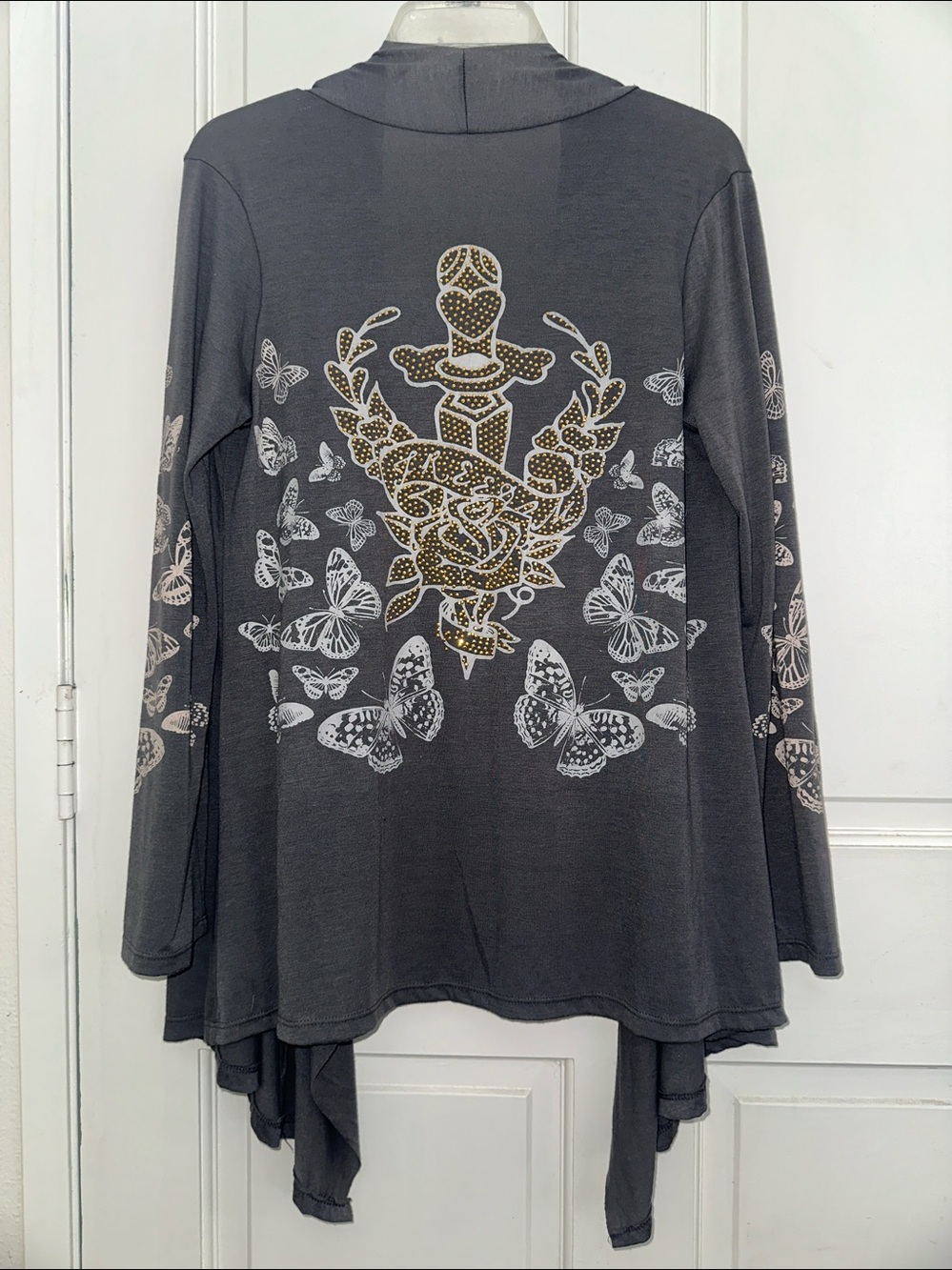Stylish Gray Butterfly & Rose Dagger Open Front Waterfall Tunic Cardigan Sz M/L